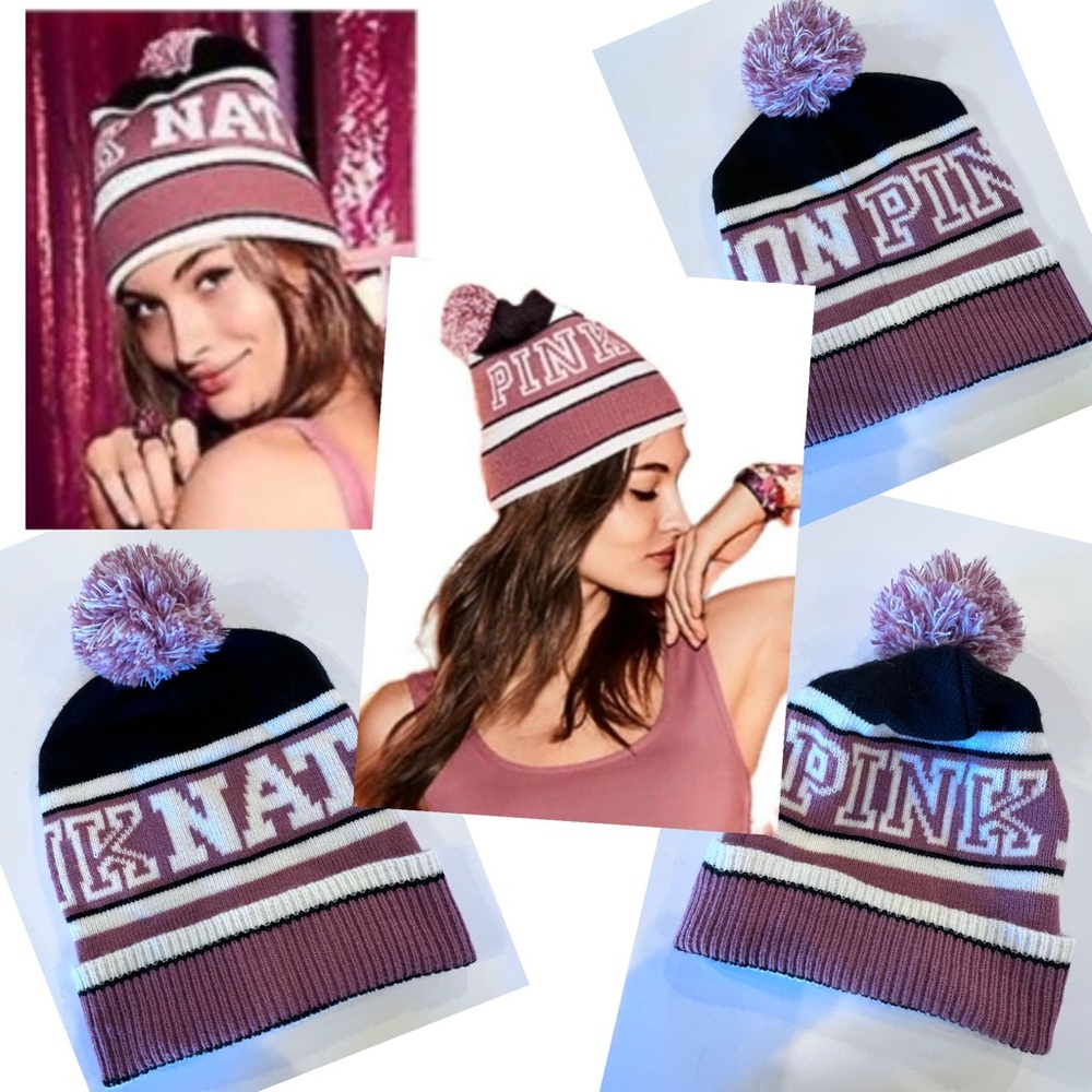Victoria's Secret Pink Nation Pink & Black Pom-Pom Beanie